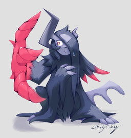 ambiguous_feral ambiguous_gender black_body black_fur black_nose claws feral front_view fur grey_background hair hair_over_eye horn iconography long_hair looking_at_self mouth_closed one_eye_obstructed one_wing pseudo_hair quadruped raised_leg red_body red_eyes red_fur red_wings simple_background solo sweatdrop_(iconography) wings likey nintendo pokemon pokemon_legends_z-a generation_9_pokemon mega_absol_z mega_evolution pokemon_(species) 2025 digital_media_(artwork) full-length_portrait hi_res portrait signature