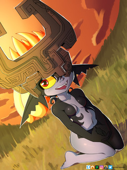 black_body breasts clothing featureless_breasts female fused_shadow grass hair hat hat_only headgear headgear_only headwear headwear_only kneeling mostly_nude multicolored_body navel not_furry open_mouth open_smile orange_sky plant red_eyes sky small_breasts smile solo two_tone_body white_body yellow_sclera barryfactory nintendo the_legend_of_zelda twilight_princess midna humanoid twili 2020 3:4 absurd_res hi_res
