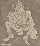 absurd_res anthro balls big_balls big_penis bodily_fluids bottomwear canid canine canis chest_tuft clock clothing collared_shirt dreamworks dripping english_text erection footwear genital_fluids genitals hi_res humanoid_genitalia humanoid_penis jacket leaking_precum male mammal mr._wolf_(the_bad_guys) pants penis penis_out_of_underwear penis_through_fly poking_out precum precum_drip pubes shoes solo sweat sweatdrop text the_bad_guys topwear tuft wardraws watch wolf