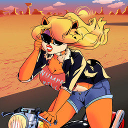 anthro blonde_hair bottomwear breasts cleavage clothed clothing denim denim_bottomwear denim_clothing denim_shorts desert eyeshadow eyewear female hair jacket lipstick makeup motorcycle shorts solo sunglasses sunset topwear vehicle slugmanoctavious activision crash_bandicoot_(series) tawna_bandicoot bandicoot mammal marsupial 1:1 absurd_res hi_res