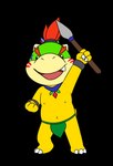 3_toes bottomwear clothing feet jewelry loincloth male markings melee_weapon navel necklace nipples polearm shell-less solo spear toes tribal tribal_markings weapon yellow_body young tribaldragon mario_bros nintendo bowser_jr. koopa scalie alpha_channel hi_res