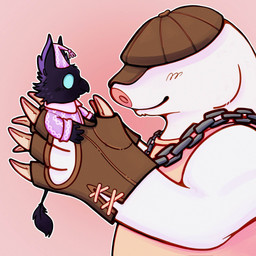 anthro black_body black_fur chain_necklace clothing duo fur glowing glowing_eyes hat hat_over_eyes headgear headwear jewelry male necklace nightcap pajamas size_difference smile white_body white_fur young moleluvr deadlock valve mo_(deadlock) rem_(deadlock) eulipotyphlan mammal mole_(animal) hi_res