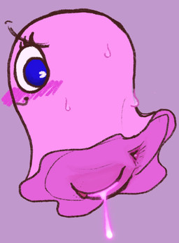anus blue_eyes blush blush_lines bodily_fluids clitoris closed_smile dripping eyebrows eyelashes female genital_fluids genitals glistening glistening_eyes mouth_closed not_furry plump_labia purple_background rear_view simple_background smile sweat sweatdrop vaginal_fluid_drip vaginal_fluids vulva thexogasm bandai_namco pac-man_(series) pinky_(pac-man) ghost spirit waddling_head