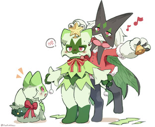 ambiguous_gender anthro bell blush blush_lines bodily_fluids bow_ribbon christmas_decorations claws emanata embarrassed featureless_crotch feral fur green_body green_fur green_hair group hair holidays musical_note musical_symbol pink_eyes simple_background sitting sweat symbol tail trio chaco_(illustrattyako) christmas nintendo pokemon felid feline floragato generation_9_pokemon mammal meowscarada pokemon_(species) sprigatito 2025 absurd_res hi_res signature