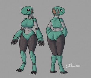 2_toes 4_fingers anthro big_breasts black_sclera breasts digitigrade feet female fingers glowing glowing_eyes grey_background looking_at_viewer machine metallic_body pink_eyes segmented_body simple_background smile smiling_at_viewer solo teal_body thick_thighs toes lordflawn myr-a_(lordflawn) ambiguous_species android robot 2023 hi_res model_sheet signature