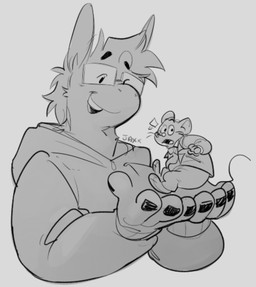 4_fingers anthro biped clothing duo eyewear fingers glasses holding_another hoodie male micro size_difference slightly_chubby slightly_chubby_anthro slightly_chubby_male topwear wearing_glasses skinnyjimz geronimo_stilton_(series) geronimo_stilton asinus donkey equid equine mammal mouse murid murine rodent 2025 greyscale hi_res monochrome