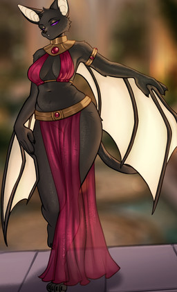 4_toes 5_fingers anthro biped black_body black_claws black_fur black_tail bottomwear breasts claws clothed clothed_anthro clothed_female clothing feet female finger_claws fingers front_view fur genitals loincloth looking_at_viewer membrane_(anatomy) membranous_wings navel purple_eyes purple_sclera solo standing tail teeth thick_thighs toe_claws toes translucent translucent_bottomwear translucent_clothing vulva wide_hips winged_arms wings pizhma bat mammal 2026 digital_drawing_(artwork) digital_media_(artwork) hi_res