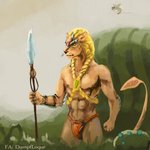 1:1 4_nipples 4_pecs albion_(game) alien anthro armor bare_chest blonde_hair blue_byte_(game_developer) bottomwear bracers clothing drirr_(albion) felid feline fur green_eyes grey_sky hair holding_melee_weapon holding_object holding_polearm holding_spear holding_weapon iskai_(albion) loincloth loque male mammal melee_weapon multi_nipple multi_pecs muscular muscular_anthro muscular_male nipples pecs plant polearm signature sky solo spear standing tan_body tan_fur weapon