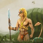 4_nipples 4_pecs anthro armor bare_chest blonde_hair bottomwear bracers clothing fur green_eyes grey_sky hair holding_melee_weapon holding_object holding_polearm holding_spear holding_weapon loincloth male melee_weapon multi_nipple multi_pecs muscular muscular_anthro muscular_male nipples pecs plant polearm sky solo spear standing tan_body tan_fur weapon loque albion_(game) blue_byte_(game_developer) drirr_(albion) alien felid feline iskai_(albion) mammal 1:1 signature