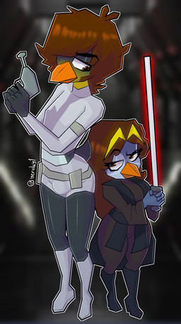 anthro boots clothing cosplay duo female footwear high_heeled_boots high_heels holding_lightsaber lightsaber male melee_weapon red_lightsaber romantic romantic_couple shoes weapon yerolay star_wars yazmin_(catiana) yerolay_(character) avian bird penguin digital_drawing_(artwork) digital_media_(artwork) hi_res