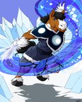 anthro black_hair blue_eyes brown_body brown_fur clothed_male elemental_manipulation fingernails fur hair hooves ice ice_sword male melee_weapon nails sky solo sword teeth text water_manipulation weapon white_body white_fur pandottermon equid equine horse mammal 2020 4:5 artist_name hi_res signature