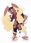 3_fingers 3_toes ambiguous_gender anthro black_hair bodily_fluids bottomwear brown_body brown_eyes brown_fur clothing ear_growth expansion feet fingers forced forced_transformation fur fur_growth growth hair horrified human_to_anthro male mid_transformation one_leg_up open_mouth pants pink_nose pokemon_transformation rabbit_ears raised_leg scut_tail shirt short_tail simple_background solo species_transformation sweat sweatdrop tail thigh_expansion toes topwear torn_bottomwear torn_clothing torn_pants torn_shirt torn_shoes torn_topwear transformation white_background fekaiki nintendo pokemon generation_4_pokemon human lopunny mammal pokemon_(species) hi_res