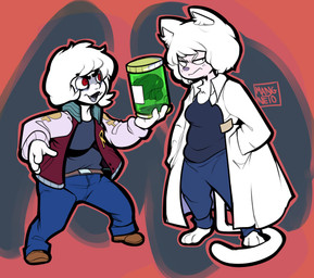 3_toes annoyed anthro barefoot belt brain chest_tuft clothing container doctor duo feet female hair jacket jar open_mouth organs red_eyes toes topwear tuft white_hair mangneto domestic_cat felid feline felis mammal
