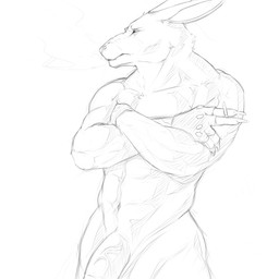 abs anthro cigarette claws clothing crossed_arms fingerless_gloves genitals gloves half-erect handwear humanoid_genitalia humanoid_penis male muscular muscular_anthro muscular_male nude penis smoke smoking solo standing studs velrizoth kangaroo macropod mammal marsupial 1:1 monochrome