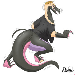 ambiguous_gender barefoot blonde_hair blue_sclera bottomless clothed clothing feet hair open_mouth shirt shrinking simple_background size_transformation solo species_transformation standing teeth topwear transformation white_background diethyl nintendo pokemon generation_7_pokemon pokemon_(species) reptile salazzle scalie 1:1 2019 hi_res signature