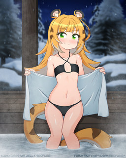 adolescent bikini biped blonde_hair blush breasts clothed clothed_female clothed_humanoid clothing female flat_chested hair hot_spring navel open_towel pose presenting small_breasts solo swimwear towel two-piece_swimsuit water young young_female young_humanoid willfurr mihoyo zenless_zone_zero ju_fufu felid humanoid mammal pantherine tiger hi_res
