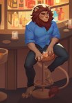 alcohol anthro bar beverage blue_eyes bottomwear clothing cocktail detailed_background hair long_hair long_tail male muscular muscular_male pants shirt sitting solo tail tail_tuft topwear tuft ansart felid lion mammal pantherine absurd_res hi_res