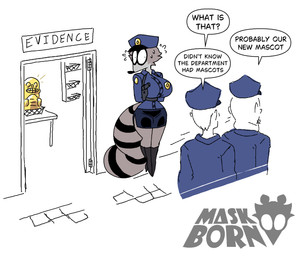 anthro big_breasts bodily_fluids boots bottomwear breasts clothing disguise disguised evidence female footwear group high_heeled_boots high_heels inside male markings nervous nervous_look nervous_sweat police police_badge police_hat police_officer police_uniform raccoon_tail ring shoes skirt stealing stripes sweat tail tail_markings treasure trio uniform diegutan uva_the_raccoon human mammal procyonid raccoon hi_res