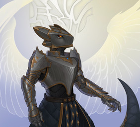 ambiguous_form ambiguous_gender armor blue_tail clothed clothing feathered_wings feathers headgear helmet obscured_face orange_eyes plate_armor simple_background solo standing tail wearing_armor wearing_helmet white_wings wings edvardiko ambiguous_species absurd_res hi_res