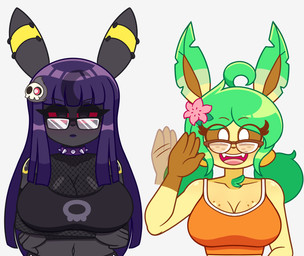 accessory alternative_fashion anthro big_breasts black_clothing black_eyes black_eyewear black_glasses blush body_blush breast_blush breasts brown_eyewear brown_glasses brown_sclera clothing collar crossed_arms duo ear_piercing eyeshadow eyewear fangs female freckled_breasts freckled_face freckles glasses goth gracidea grass green_hair greeting greeting_viewer hair hair_accessory happy huge_breasts lipstick long_hair looking_at_viewer makeup markings nerd open_mouth orange_clothing piercing pigtails plant purple_hair purple_lipstick red_sclera ring_(marking) serious serious_face smile teeth tongue topwear white_eyes mintyspirit nintendo pokemon luneiumbreon_(mintyspirit) sunnyleafeon_(mintyspirit) duskull eeveelution generation_2_pokemon generation_3_pokemon generation_4_pokemon leafeon pokemon_(species) umbreon 2025 digital_media_(artwork) hi_res