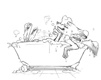 anthro ball bath bathing bathing_together bathtub bubble_bath claw_foot_bathtub duo female male male/female nude partially_submerged relaxing romantic simple_background smile soap soap_bubbles tail teeth tennis_ball water white_background jjojjo110110 disney zootopia judy_hopps nick_wilde canid canine european_rabbit fox lagomorph leporid mammal oryctolagus rabbit red_fox true_fox 2026 black_and_white digital_media_(artwork) hi_res monochrome