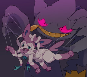 ambiguous_gender blue_eyes duo feral glowing glowing_eyes implied_transformation marionette red_eyes string winte nintendo pokemon banette eeveelution generation_3_pokemon generation_6_pokemon ghost mammal pokemon_(species) spirit sylveon 2021 hi_res