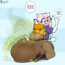 after_vore anthro backpack bandage belt big_diaper bookmark bottomwear braces broken_glasses brown_bottomwear brown_clothing brown_footwear brown_pants brown_shoes buckteeth clothed clothing diaper diaper_disposal diaper_fetish diapered_pred dice digestion disposal eraser excessive_feces eyewear fart fatal_vore feces female finger_wag footwear fur glasses huge_diaper hyper hyper_feces khaki_pants kneeling large_glasses nerd onomatopoeia pants pen_(object) pencil_(object) pink_body pink_fur pooping purple_clothing purple_shirt purple_topwear ruler scat_disposal scatplay school school_bag shirt shoes smelly soiled_diaper soiling soiling_diaper solo sound_effects stained_diaper stink_fumes student tail teasing teeth text textbook tight_bottomwear tight_clothing tight_pants topwear unclean_diaper used_diaper using_diaper vore wearing_diaper white_body white_fur the_sheepl dinu felid feline mammal 1:1 english_text hi_res