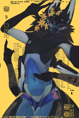 ambiguous_gender anthro fingers flower looking_at_viewer machine multi_arm multi_limb navel plant red_eyes simple_background solo text spaal canid canine mammal robot 2026 absurd_res artist_name digital_media_(artwork) english_text hi_res