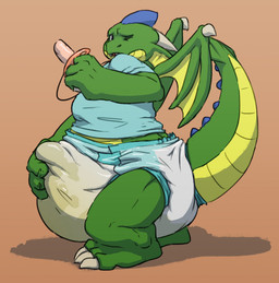 ageplay anthro big_diaper big_pacifier biped bodily_fluids bulge clothed clothing diaper diaper_bulge genital_fluids green_body infantilism male membrane_(anatomy) membranous_wings one_eye_closed overweight overweight_anthro overweight_male pacifier raised_tail roleplay simple_background solo spiked_tail spiked_wings spikes spikes_(anatomy) tail toony unclean_diaper urine used_diaper wearing_diaper wet_diaper wings crackajackin mythology brokenwing dragon mythological_creature mythological_scalie scalie 2013 digital_media_(artwork)