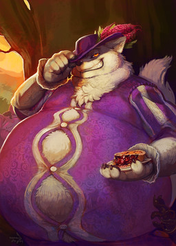 ambiguous_gender anthro belly big_belly bloated blush brown_hair button_(fastener) claws clothed clothing duo eyes_closed fancy_clothing flower food foxglove_(flower) fur grin hair hand_on_cheek hat hat_ornament headgear headwear holding_food holding_object male obese obese_anthro obese_male overweight overweight_anthro overweight_male pastry pie plant sheathed_sword smile solo_focus straining_buttons stuffing teeth text tight_clothing tipping_hat white_body white_fur nommz hasbro magic:_the_gathering wizards_of_the_coast lance_(indigorho) mr._foxglove arctic_wolf canid canine canis mammal mouse murid murine rodent wolf artist_name hi_res