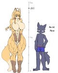 anthro bottomwear breasts clothing duo female larger_female looking_at_another male muscular muscular_female nude shorts size_difference smaller_male thick_thighs miyanokoko harena_cordell-levine canid canine canis fox mammal wolf