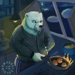 1:1 amberclopedia appliance bear blue_eyes bowl chin clothed clothing container cooking cookware faucet frying_pan fully_clothed fur hi_res humanoid inside kitchen kitchen_utensils lamp male mammal moon night polar_bear solo stove tools ursine white_body white_fur