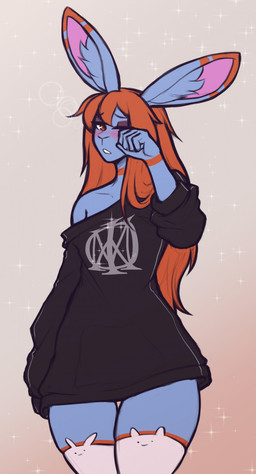 5_fingers anthro black_clothing black_hoodie black_topwear blue_body blue_fur blush clothed clothing eyeshadow femboy fingers fur hair hoodie legwear long_hair makeup male male_anthro off_shoulder orange_eyes orange_hair rabbit_ear_stockings rubbing_eyes sleeves_past_wrists solo sparkles stockings thigh_gap thigh_highs topwear oro97 dream_theater oro_(oro97) lagomorph leporid mammal rabbit hi_res