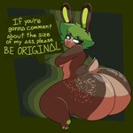 anthro big_butt brown_body brown_ears brown_fur brown_tail butt butt_markings female freckles fur green_ears green_eyes green_hair hair huge_butt huge_hips huge_thighs looking_back markings pawpads paws solo tail tan_body tan_fur tan_tail text thick_thighs wide_hips chip_at_night bec_(lobokosmico) lagomorph leporid mammal rabbit 1:1 english_text hi_res