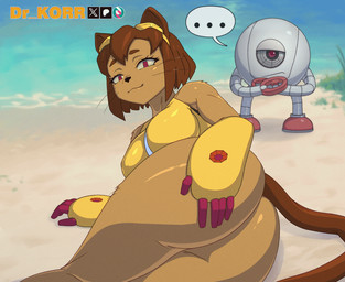 1_eye 5_fingers anthro arm_tuft armor beach big_breasts big_butt black_nose breasts brown_body brown_ears brown_eyebrows brown_fur brown_hair brown_tail butt camel_toe clothed clothed_anthro clothed_female clothing day duo ellipsis eyebrows eyelashes eyewear eyewear_on_head female female_anthro fingers fur gauntlets gloves goggles goggles_on_head grey_body hair hand_on_butt hand_on_own_butt handwear looking_at_viewer looking_back looking_back_at_viewer lying machine male metallic_body multicolored_clothing multicolored_topwear on_side outside panties patreon_logo presenting presenting_hindquarters pupils red_eyes red_fingers sand sea seaside shoulder_tuft slit_pupils smile smiling_at_viewer speech_bubble spread_butt spreading standing subscribestar_logo tail text topwear tuft underwear water whiskers white_clothing white_panties white_topwear white_underwear x_logo yellow_clothing yellow_gauntlets yellow_handwear yellow_sclera yellow_topwear dr.korr gameoverse glitch_productions patreon subscribestar x_(social_media) kaboodle_(gameoverse) kit_bodega domestic_cat felid feline felis mammal robot 2026 2d_animation animated artist_name digital_media_(artwork) loop