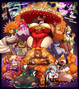 accessory alcohol anthro areola armless beverage big_breasts black_body black_hair blonde_hair blue_body blue_hair bodypaint bone bone_mask bottomwear breasts brown_body brown_hair clothing erect_nipples eyewear face_paint female flower flower_accessory flower_in_hair glasses group hair hair_accessory hat headgear headwear holidays horn huge_breasts humor logo looking_at_viewer makeup markings mask mexican mexican_flag nipple_outline nipples open_mouth plant red_eyes size_difference skeleton_(marking) skirt skull skull_mask smile text thick_thighs white_body wide_hips yellow_areola artesjsc el_zeta elserchixd gammainks presialexander rubykadobie vool_jin_cortes yuriinsfw day_of_the_dead nintendo pokemon the_book_of_life akiko_sparkshift estela_(el_zeta) flor_(gammainks) la_catrina la_muerte mama_coco mila_(president_alexander) arthropod bee bovid caprine flygon gardevoir generation_1_pokemon generation_3_pokemon humanoid hymenopteran insect kyogre lagomorph legendary_pokemon mammal milotic pokemon_(species) raichu rayquaza sheep shiny_pokemon species_request 2025 absurd_res artist_collaboration artist_logo artist_name digital_drawing_(artwork) digital_media_(artwork) hi_res signature