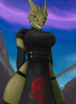 anthro female green_body katana melee_weapon ninja smile solo standing sword teeth warrior weapon yellow_eyes brushbyter epic_games fortnite mythology synthesis_(fortnite) dragon mythological_creature mythological_scalie scalie absurd_res hi_res