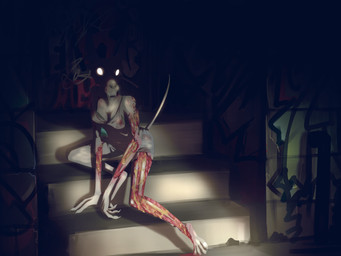 anthro blood bodily_fluids bra breasts cleavage clenched_teeth clothed clothing dress female fingers fur glowing glowing_eyes gore graffiti graffiti_on_wall looking_at_viewer necrosis night open_wound scary skinned skinny skinny_anthro skinny_female solo stairs tail teeth underwear wounded frostbite80 canid canine canis domestic_dog mammal absurd_res digital_media_(artwork) hi_res