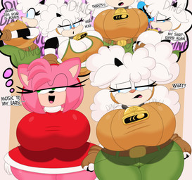 accessory anthro bedroom_eyes bell bell_collar belt belt_buckle big_breasts blue_eyes bottle breasts buckle clothed clothing collar confusion container curvy_figure daydream dialogue dress driving duo fantasizing female fingerless_gloves fur gloves green_eyes hair hair_accessory hair_tie hairband handwear horn huge_breasts motion_lines narrowed_eyes pink_body pink_fur pink_hair seductive short_hair smile speech_bubble sportswear text thick_thighs thought_bubble voluptuous voluptuous_anthro voluptuous_female wardrobe_malfunction water_bottle white_body white_fur white_hair wide_hipped_anthro wide_hipped_female wide_hips 3barts idw_publishing sega sonic_the_hedgehog_(comics) sonic_the_hedgehog_(idw) sonic_the_hedgehog_(series) amy_rose lanolin_the_sheep_(sonic) bovid caprine eulipotyphlan hedgehog mammal sheep 2025 absurd_res digital_drawing_(artwork) digital_media_(artwork) english_text hi_res