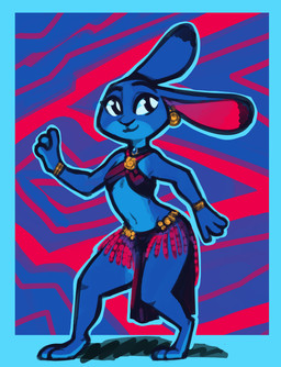 anthro barefoot belly_dancer blue_border border bottomwear bracelet choker clothed clothing dancing dipstick_ears ear_markings ear_piercing feet female halter_top jewelry loincloth markings multicolored_ears navel necklace pattern_background piercing simple_background smile solo fuel_(artist) disney zootopia judy_hopps lagomorph leporid mammal rabbit 2020 hi_res restricted_palette