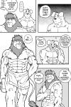 2:3 abs anthro biceps canid canine canis comic dialogue domestic_dog english_text felid fur greyscale hair lion male male/male mammal monochrome muscular nipples pantherine pecs ryuu_majin text