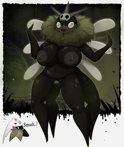 ambiguous_gender anthro areola big_breasts black_eyes black_text breasts clothing crossgender dialogue duo ellipsis emphatic_ellipsis empty_eyes eyebrows female fingers forehead_gem gem genitals horn insect_wings mouth_closed multi_leg multi_limb navel neck_tuft nipples non-mammal_breasts non-mammal_navel non-mammal_nipples non-mammal_vulva nude open_mouth pubes text tongue tuft vulva wings yellow_gem latiar hollow_knight:_silksong hollow_knight_(franchise) team_cherry groal_the_great harrold_(latiar) arthropod 2026 english_text hi_res signature