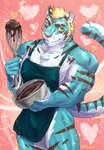 anthro apron apron_only baking biceps blonde_hair blue_body blue_fur butt candy chocolate clothing cooking dessert food fur green_eyes hair male mixing_bowl muscular muscular_anthro muscular_male pecs solo striped_body striped_fur stripes weedwolf lifewonders live_a_hero rexer felid mammal pantherine tiger hi_res