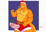 abs accidental_holly anthro beckoning belt biceps big_pecs big_penis blue_eyes bodily_fluids candy candy_cane candy_cane_in_mouth christmas_clothing christmas_headwear claws clothing costume dessert dripping food genital_fluids genitals gesture hat headgear headwear holidays holly_(plant) leaking_precum looking_at_viewer male muscular muscular_male orange_body pecs penis penis_poking_out penis_through_fly piercing plant precum precum_drip santa_costume santa_hat sexy_santa simple_background smile smirk snow solo vein spoongod christmas final_fantasy square_enix locke_(spoongod) bangaa colored shaded simple_shading