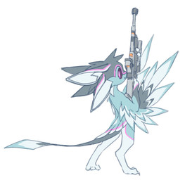 4_ears ambiguous_anthro ambiguous_gender anthro arms_bent biped blue_body blue_tail_tip digitigrade dipstick_tail feathers grey_body gun head_tuft holding_gun holding_object holding_ranged_weapon holding_weapon looking_back markings multi_ear multicolored_body multicolored_feathers nude_ambiguous nude_anthro pink_body pink_eyes pink_sclera ranged_weapon simple_background solo standing tail tail_markings three-quarter_view tuft weapon white_background winged_arms wings 541b_bug avali avian 2025 digital_drawing_(artwork) digital_media_(artwork) flat_colors full-length_portrait portrait
