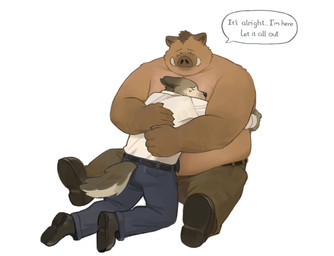 anthro belly big_belly bodily_fluids bottomwear brown_body clothing crying dialogue duo eyes_closed hug kemono male overweight overweight_male pants shirt simple_background sitting tears text topwear white_background hoggan canid canine canis domestic_dog mammal suid suine sus_(pig) wild_boar 2024 english_text hi_res