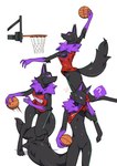 3_toes anthro ball barefoot basketball_(ball) basketball_uniform black_body black_fur bodily_fluids bottomless breasts claws clothed clothing digitigrade feet female fur jumping looking_at_viewer navel purple_body purple_eyes purple_fur question_mark simple_background sportswear sweat text toes uniform nulia fen_(el-k) alien canid canine canis mammal wolf 2024 english_text hi_res