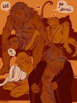 anthro barazoku dialogue dressing duo flaccid foreskin genitals male male/male orgasm_denial penis pillow pubes tail tail_tuft the_apprentice's_plea tuft yellow_body boypretties barbary_lion bird_dog canid canine canis domestic_dog felid hunting_dog lion mammal pantherine spaniel 3:4 absurd_res comic hi_res multiple_scenes