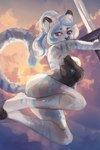 2018 action_pose anthro blue_nipples blue_nose cloud deity felid female fur hathora_beshami holding_melee_weapon holding_object holding_sword holding_weapon mammal melee_weapon nipples nude pantherine peonyblossom pose purple_eyes solo stripes sword tiger weapon white_body white_fur