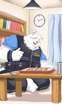 anthro barefoot blue_eyes blush clothing feet food fur furniture hair looking_at_viewer male overweight pizza ponytail sitting solo table topwear vest white_body white_fur oyusan_oekaki lifewonders live_a_hero yohack canid canine canis domestic_dog mammal nordic_sled_dog samoyed spitz hi_res